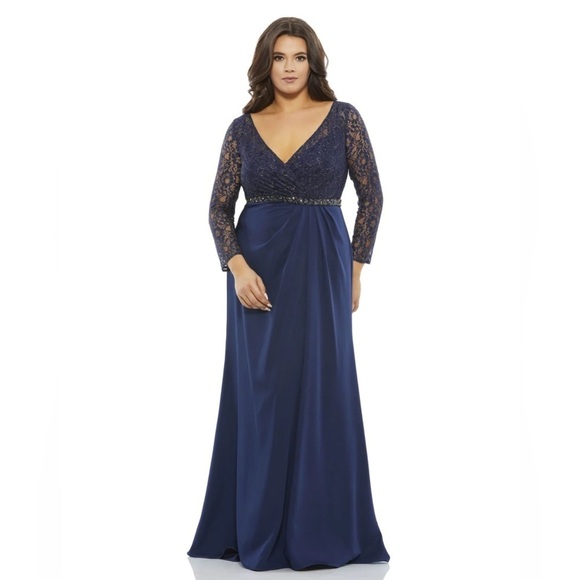 Mac Duggal 67898 NWT LACE ILLUSION LONG SLEEVE V-NECK DRAPED GOWN (PLUS) - Picture 1 of 6
